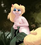 animaniacs anthro areola blonde_hair breasts clothed clothing covering covering_breasts covering_self digital_media_(artwork) eyelashes eyeshadow female fingers fur hair half-closed_eyes hi_res looking_at_viewer makeup mammal minerva_mink mink mustelid musteline narrowed_eyes navel outside plant sitting smile solo tail topless topless_anthro topless_female tree true_musteline tvma warner_brothers white_body white_fur