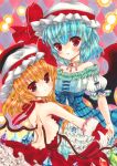  2girls alternate_costume backless_dress backless_outfit bat_wings blonde_hair blue_dress blue_hair blush butt_crack closed_mouth collared_shirt commentary_request crystal crystal_wings dress flandre_scarlet gloves hat hat_ribbon looking_at_viewer marker_(medium) mob_cap multicolored_wings multiple_girls off-shoulder_dress off_shoulder one_side_up puffy_short_sleeves puffy_sleeves red_dress red_eyes remilia_scarlet ribbon shirt short_sleeves siblings sisters touhou traditional_media white_gloves white_hat wings zenra1112 