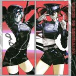  2girls adjusting_clothes adjusting_headwear arms_up ayanami_rei black_dress black_hat black_jacket black_shorts black_thighhighs blue_eyes blue_hair breasts brown_hair chain chain_belt cowboy_shot cropped_jacket cuffs dress guigui_rongrong hair_between_eyes handcuffs hands_up hat highres holding holding_weapon index_finger_raised jacket katana long_hair looking_at_viewer mask mouth_mask multiple_girls neon_genesis_evangelion one_eye_covered peaked_cap red_background red_eyes sheath sheathed shiny_clothes shirt short_hair shorts sideways_glance small_breasts souryuu_asuka_langley standing surgical_mask sword thighhighs tight_clothes tight_dress twintails very_long_hair weapon white_mask white_shirt zipper_dress 