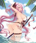  1girl adjusting_hair ass bikini breasts commentary commission draph frilled_bikini frills granblue_fantasy hair_bun hair_tie_in_mouth highres huge_breasts jewelry looking_at_viewer looking_back mouth_hold narmaya_(granblue_fantasy) narmaya_(summer)_(granblue_fantasy) ootachi purple_hair sideboob single_hair_bun solo sumustard swimsuit sword sword_between_thighs thighlet twisted_torso water weapon white_bikini 