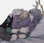  2boys aventurine_(honkai:_star_rail) bed black_jacket blonde_hair bracelet commentary fur_trim grey_hair grey_pants grey_shirt halo halo_behind_head halo_downfall head_wings highres honkai:_star_rail honkai_(series) hug jacket jewelry long_sleeves lying male_focus multiple_boys mutual_hug on_side pants parted_hair pillow shirt sleeve_cuffs sunday_(honkai:_star_rail) untranslatable_commentary white_background white_fur wings yaoi 