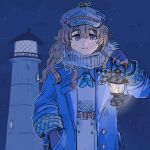  1girl absurdres belt blue_coat blue_eyes blue_neckerchief brown_belt brown_gloves brown_hair closed_mouth coat commentary dress english_commentary gloves grey_hat hand_in_pocket hand_up hat highres lantern lighthouse long_hair looking_at_viewer marcus_(reverse:1999) mogufuuri mole mole_under_eye neckerchief newsboy_cap night outdoors reverse:1999 scarf simple_bird sky smile solo star_(sky) upper_body white_dress white_scarf 