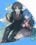  1boy 1girl :d ^_^ black_hair black_jacket black_pants blue_hair blue_sky blush closed_eyes closed_mouth commentary dappled_sunlight day feet_out_of_frame food frown grey_skirt hair_between_eyes hairband hand_up highres holding holding_food holding_sandwich holding_umbrella jacket leaf little_busters! little_busters!_school_uniform long_sleeves looking_at_another looking_to_the_side medium_hair miniskirt mydandeliongirl naoe_riki necktie nishizono_mio open_mouth outdoors outline pants parasol plaid_clothes plaid_skirt pleated_skirt red_hairband red_necktie sandwich school_uniform short_hair side-by-side sitting skirt sky smile split_mouth sunlight umbrella white_outline white_umbrella yellow_eyes 