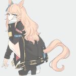  1girl animal_ears bikini bikini_top_only black_choker black_jacket black_shoes blonde_hair blue_bikini blue_eyes blue_ribbon breasts choker commentary_request gloves gold_city_(authentic/1928)_(umamusume) gold_city_(umamusume) gold_necklace hair_ribbon head_rest high_heels horse_ears horse_girl horse_tail inutose jacket jewelry long_hair mismatched_shoes necklace open_clothes open_jacket red_nails ribbon shoes single_glove solo squatting striped_bikini striped_clothes swimsuit tail umamusume white_gloves white_shoes 