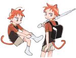  1boy :/ animal_ears backpack bag black_bag brown_eyes cat_boy cat_ears cat_tail closed_mouth commentary_request fang fang_out grey_shorts holding holding_umbrella invisible_chair kemonomimi_mode korean_commentary looking_back looking_to_the_side male_focus multiple_views naruko_shoukichi o_omome putting_on_footwear randoseru red_hair short_hair short_sleeves shorts sitting socks tail two-tone_shirt umbrella white_socks white_umbrella yowamushi_pedal 