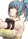  1girl arm_pouch bare_shoulders blue_eyes blue_hair breasts commentary_request crop_top earrings jewelry leona_heidern one_eye_covered ponytail simple_background sleeveless soldier solo tank_top the_king_of_fighters the_king_of_fighters_xv triangle_earrings white_background yellow_tank_top yokutsuki_noa 