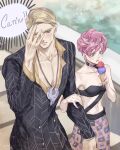  1boy 1girl blonde_hair blue_eyes blush covering_face food formal holding_another&#039;s_arm ice_cream italian_text jewelry jojo_no_kimyou_na_bouken midriff necklace pink_hair prosciutto short_hair skirt suit trish_una vento_aureo yepnean 