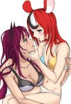  2girls animal_ears arm_around_back arms_around_neck asymmetrical_bangs bangs bikini bikini_top black_hair blue_eyes blush breast_press breast_squeeze breasts carrying carrying_person cleavage collarbone demon_girl edchi eyebrows_visible_through_hair hakos_baelz hand_on_another&#039;s_face highres holocouncil hololive hololive_english horns hug irys_(hololive) looking_at_another medium_breasts mouse_ears mouse_girl multicolored_hair multiple_girls navel open_mouth pointy_ears red_hair simple_background small_breasts swimsuit upper_body virtual_youtuber white_background yuri 