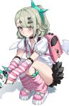  1girl arm_warmers bandaid bandaid_hair_ornament black_skirt blush closed_mouth collar earrings fur-trimmed_skirt fur_trim green_eyes green_hair hair_ornament hashtag-only_commentary heart heart_hair_ornament highres holding holding_megaphone jewelry leg_warmers megaphone multiple_hair_clips musical_note_earrings pink_arm_warmers pink_bag pink_leg_warmers pink_shoes ponytail shirt shoes simple_background skirt skrillex_li solo squatting striped_arm_warmers striped_leg_warmers sunna_(zenless_zone_zero) tears white_background white_shirt white_wings winged_bag wings zenless_zone_zero 