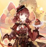  1girl :d black_bow black_forest_cake black_hat black_skirt blunt_bangs bow bowtie brown_capelet brown_eyes brown_shoes brown_wings cake cake_slice capelet cherry chinese_commentary closed_mouth collared_shirt commentary_request cowboy_shot crumbs demon_wings dot_nose dress eyeliner food food-themed_background food_wings fork frilled_dress frilled_headwear frills fruit happy hat hat_ornament heart hexagram high-waist_skirt highres holding holding_food holding_fork holding_plate infinity_nikki ke31781815 licking_lips lolita_fashion long_sleeves looking_ahead low_twintails low_wings makeup medium_hair medium_skirt neck_ribbon newsboy_cap nikki_(series) outline pink_bow pink_bowtie pink_eyeliner plate pleated_skirt puffy_long_sleeves puffy_sleeves purple_bow red_hair ribbon shirt shoes short_twintails skirt sleeve_bow smile solo standing star_(symbol) star_hat_ornament strawberry the_fifth_flavor_(infinity_nikki) tongue tongue_out twintails waist_bow wavy_hair white_outline wings yellow_background yellow_ribbon zoom_layer 