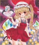  2girls bare_shoulders bat_wings blonde_hair blue_hair bow chibi collared_shirt commentary_request flandre_scarlet hat hat_bow marker_(medium) mob_cap moon multiple_girls red_eyes red_moon remilia_scarlet shirt siblings side_ponytail sisters touhou traditional_media wings zenra1112 