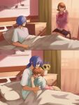  1boy 1girl averting_eyes bed black_skirt blue_hair blue_shirt blush bow bowtie breasts brown_eyes brown_hair camisole cardigan commentary curtains english_commentary flipped_hair flower gekkoukan_high_school_uniform hair_over_one_eye highres hospital hospital_bed hug indoors long_hair long_sleeves looking_at_another loose_bowtie low_ponytail mayonnaisenais3 medium_breasts miniskirt open_clothes open_mouth open_shirt parted_lips persona persona_3 persona_4:_the_ultimate_in_mayonaka_arena pillow pink_camisole pink_cardigan plant playing_with_own_hair pleated_skirt ponytail potted_plant purple_flower red_bow red_bowtie ribbed_cardigan school_uniform shirt short_hair short_sleeves sitting skirt smile split_screen sunflower takeba_yukari white_shirt wing_collar yuuki_makoto_(persona_3) 