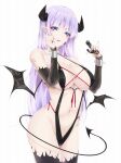  1girl aneros bat_wings black_horns black_sleeves black_slingshot_swimsuit black_tail black_thighhighs black_wings blue_eyes bracelet breasts cameltoe clothing_request collar commentary_request covered_nipples cowboy_shot demon_girl demon_horns demon_tail detached_sleeves ear_chain front-tie_swimsuit furrowed_brow gold_piercing groin half-closed_eyes hand_on_own_cheek hand_on_own_face hands_up head_rest highres holding holding_sex_toy horns jewelry large_breasts legs_together linked_piercing long_hair metal_bracelet metal_collar nail_polish navel o-ring_collar official_art original parted_lips piercing pinky_out pointy_ears promotional_art prostate_massager purple_hair purple_nails red_ribbon ribbon sex_toy shoulder_tattoo side-tie_swimsuit sidelocks simple_background skull_ornament slingshot_swimsuit smile solo spiked_bracelet spikes standing star_on_cheek swimsuit tail tareme tattoo thighhighs very_long_hair white_background wings yukinon_(tsuki_koubou) 