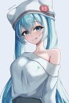  1girl 39 :p animal_ear_headwear artist_name beanie blue_eyes blue_hair blush breasts casual collarbone commentary_request dot_nose grey_background hair_between_eyes hat hatsune_miku highres long_hair looking_at_viewer medium_breasts miku_day off-shoulder_sweater off_shoulder shupita sidelocks simple_background single_bare_shoulder solo sweater tongue tongue_out twitter_username upper_body very_long_hair vocaloid white_hat white_sweater 