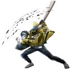  1boy beard_stubble black_pants blue_eyes blue_hair bokken earrings facial_hair full_body grin haori holding holding_sword holding_weapon jacket jacket_on_shoulders japanese_clothes jewelry male_focus necklace official_art one_eye_closed pants sakura_hanafuda_(tribe_nine) sandals shirt smile solo stubble sword transparent_background tribe_nine weapon white_shirt wooden_sword yellow_haori 