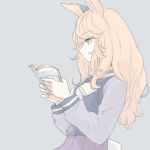  1girl animal_ears blonde_hair blue_eyes blue_ribbon book bow commentary_request from_side gold_city_(umamusume) hair_ribbon holding holding_book horse_ears horse_girl horse_tail inutose long_hair profile purple_sailor_collar purple_shirt ribbon sailor_collar school_uniform shirt skirt solo tail tracen_school_uniform umamusume white_bow white_skirt 