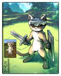  :3 artdeitech blurry blurry_background body_fur bokeh cat cloud colored_sclera depth_of_field digitigrade ears_through_headwear furry grass highres holding holding_shield holding_sword holding_weapon meme minecraft minecraft_(style) minecraft_shield minecraft_sword parody shield standing sword tree weapon yellow_sclera 