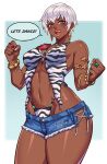  1girl absurdres animal_print armlet bikini bikini_under_clothes bracelet breasts cleavage dark-skinned_female dark_skin denim denim_shorts elena_(street_fighter) highres jewelry large_breasts looking_at_viewer luchidart micro_shorts multiple_bracelets official_alternate_costume short_hair shorts solo speech_bubble street_fighter street_fighter_6 swimsuit thighs toned toned_female white_hair zebra_print 