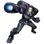  1boy arm_cannon black_eyes collared_shirt earrings full_body glasses gotanda_yutaka grin jewelry looking_ahead male_focus necktie official_art purple_necktie shirt single_earring smile solo transparent_background tribe_nine weapon white_shirt 