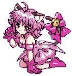  1girl ahoge all_fours animal_ears bell blush boots bow breasts cat_ears cat_girl cat_tail chinese_commentary choker cleavage commentary_request detached_sleeves dress full_body gloves looking_at_viewer magical_girl melis123 mew_ichigo momomiya_ichigo paw_pose pink_boots pink_choker pink_eyes pink_gloves pink_hair pixel_art puffy_detached_sleeves puffy_sleeves short_hair simple_background small_breasts smile solo tail tail_bell tail_bow tail_ornament tokyo_mew_mew white_background 