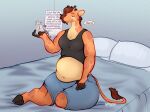  anthro bear bed blush bottomwear breasts clothed clothing dialogue duo extreme_size_difference female furniture giraffe giraffid hi_res holding_character horn macro makar-ro mammal micro micro_in_hand on_bed ossicone size_difference speech_bubble tail topwear 