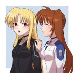  2girls blonde_hair blush brown_hair couple fate_testarossa highres kanoyuki0927 long_hair lyrical_nanoha mahou_shoujo_lyrical_nanoha_strikers military military_uniform multiple_girls red_eyes side_ponytail simple_background surprised takamachi_nanoha tsab_air_military_uniform tsab_executive_military_uniform uniform very_long_hair yuri 