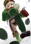  1girl 1other :d absurdres araga_kiwi ass black_panties boots breasts commentary explosive femdom gradient_background green_boots green_hair green_hat green_jacket grenade grenade_pin hair_bun hat highres jacket leoparde_(mahou_shoujo_ni_akogarete) long_sleeves mahou_shoujo_ni_akogarete open_mouth panties purple_eyes simple_background smile solo_focus stepped_on straydogshelter thigh_boots underwear white_background 