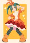  1girl absurdres aqua_hair aqua_thighhighs boots border bright_pupils closed_mouth commentary contrapposto dress expressionless frilled_dress frills full_body googly_eyes green_eyes grey_thighhighs hand_on_own_hip hand_up hat head_tilt highres hikimayu inui_kayo knees_together_feet_apart light_frown long_hair making-of_available monogatari_(series) ononoki_yotsugi orange_dress orange_hat outside_border parted_bangs puffy_short_sleeves puffy_sleeves rubber_boots short_eyebrows short_sleeves sidelocks solo sparkle standing thick_eyebrows thighhighs twintails v v_over_eye white_border white_trim yellow_background yellow_boots zettai_ryouiki 