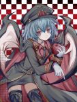  1girl bat_wings belt belt_buckle black_belt black_cape black_coat black_gloves black_hat black_necktie black_skirt black_thighhighs blue_hair buckle buttons cape checkered_background closed_mouth coat commentary_request cowboy_shot cross-laced_clothes cross-laced_legwear gloves hat highres lapels leaning_forward looking_at_viewer necktie peaked_cap pencil_skirt pointing pointing_down red_eyes red_shirt remilia_scarlet shirt skirt solo standing thighhighs touhou wings z_(xhs_8778151216) 