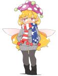  1girl alternate_costume american_flag american_flag_print black_footwear black_legwear blonde_hair boots clownpiece eyebrows_visible_through_hair fairy fairy_wings flag_print full_body grey_shirt hair_between_eyes hands_in_pocket hat ini_(inunabe00) jester_cap long_hair long_sleeves pantyhose pink_eyes polka_dot_headwear purple_headwear scarf shirt simple_background solo star_(symbol) star_print touhou white_background wings 