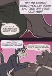 2_panel_comic absurd_res adrian_(king_slabu) american_opossum anthro arm_scar big_muscles big_pecs black_body black_fur burning_clothes canid canine canis clothed clothed/nude clothing comic compression_artifacts dialogue digital_media_(artwork) domestic_dog duo english_text fur genitals hi_res huge_muscles huge_pecs humanoid_genitalia humanoid_penis hyper hyper_muscles hyper_pecs king_slabu male male/male mammal marsupial muscular muscular_anthro muscular_male nipples nolan_(king_slabu) nude pants_only pecs penis scar size_difference smaller_male smaller_on_top speech_bubble text virginia_opossum
