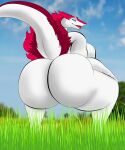  absurd_res anthro bigboy4025_(artist) breasts butt crouching female grass hi_res plant roxanne_bubbles sergal sky solo 