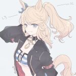  1girl alternate_hair_length alternate_hairstyle animal_ears bikini bikini_top_only black_choker black_jacket blonde_hair blue_bikini blue_eyes blue_nails blue_ribbon breasts choker commentary_request denim denim_shorts gold_city_(authentic/1928)_(umamusume) gold_city_(umamusume) gold_necklace hair_ribbon hand_on_own_neck horse_ears horse_girl horse_tail inutose jacket jewelry looking_at_viewer navel necklace open_clothes open_jacket open_mouth ponytail red_nails ribbon short_hair shorts small_breasts solo stomach striped_bikini striped_clothes swimsuit tail umamusume 