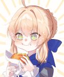  +_+ 1girl ahoge artoria_pendragon_(fate) blonde_hair blue_eyes braid braided_bun burger closed_mouth commentary_request eating emphasis_lines fate_(series) food food_on_face food_wrapper frilled_sleeves frills hair_bun hair_intakes highres holding holding_burger holding_food lettuce long_sleeves portrait saber_(fate) short_hair sidelocks single_hair_bun solo sparkle sparkling_aura tomato tomato_slice yashikikoi 