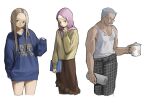  1boy 2girls adjusting_clothes adjusting_headwear bare_shoulders blonde_hair blue_eyes blue_hoodie book brown_eyes brown_skirt brown_sweater cowboy_shot cropped_legs cup facial_hair glasses grey_hair headband highres hijab holding holding_book holding_cup hood hood_down hoodie light_smile long_hair long_skirt mature_male multiple_girls mustache no_pants original pants parted_bangs pink_hijab plaid_clothes plaid_pants shirt short_hair skirt sleeves_past_wrists straight_hair straight_outta_compton sweater sweetcassava tank_top torn_clothes torn_shirt white_background white_headband white_tank_top 