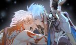  2boys 7-river antenna_hair arm_tattoo armlet armor back_tattoo black_choker black_coat black_gloves black_shirt blonde_hair blue_cape braid cape chinese_commentary choker clawed_gauntlets closed_eyes coat commentary_request dawnmaker_(honkai:_star_rail) facial_tattoo fingerless_gloves gloves gold_necklace gradient_hair hand_on_another's_head heads_together holding holding_sword holding_weapon honkai:_star_rail honkai_(series) jewelry male_focus medium_hair multicolored_hair multiple_boys mydei_(honkai:_star_rail) necklace open_clothes open_coat parted_bangs pauldrons phainon_(honkai:_star_rail) red_hair red_tattoo shirt short_hair shoulder_armor side_braid single_glove single_pauldron sword tattoo two-sided_cape two-sided_fabric weapon white_coat white_hair yellow_cape 