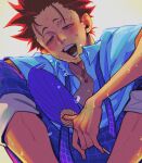  1boy blush collared_shirt commentary_request from_below haikyuu!! hand_fan highres holding holding_fan hot knees_up looking_at_viewer male_focus necktie necktie_around_head open_clothes open_mouth open_shirt pants paper_fan plaid_clothes plaid_necktie plaid_pants purple_necktie purple_pants red_eyes red_hair shirt short_hair simple_background sitting solo sweat tendou_satori tkr_241 twitter_username undone_necktie white_background white_shirt 