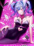  1girl absurdres ace_(playing_card) ace_of_hearts animal_ear_hairband animal_ears arm_support black_leotard black_ribbon blue_hair blush bow bowtie breasts card cleavage clothing_cutout collarbone commentary_request covered_navel cutout_above_navel detached_collar facial_mark fake_animal_ears fingernails fishnet_pantyhose fishnets grin hair_ornament hair_ribbon hairband hand_on_own_thigh hatsune_miku heart heart_cutout highres leaning_to_the_side leotard long_fingernails looking_at_viewer mark_under_eye medium_breasts medium_hair nail_polish necktie o-ring o-ring_thigh_strap object_in_bra pantyhose pink_bow pink_bowtie pink_nails pink_necktie pink_pupils playboy_bunny playing_card rabbit_ear_hairband rabbit_ears rabbit_hole_(vocaloid) ratte_(cf) ribbon signature smile solo sparkle teardrop_facial_mark thigh_strap twintails vocaloid x_hair_ornament 