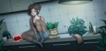2024 anthro black_clothing black_shirt black_topwear blue_bottomwear blue_clothing blue_eyes blue_shorts bottle bottomwear brown_hair chips_(food) cigarette clothing collarbone colored container counter cup digital_drawing_(artwork) digital_media_(artwork) female food footwear fur hair haplorhine hi_res holding_cigarette holding_object inside kitchen long_tail looking_at_viewer mammal mole_under_eye monkey mug plant primate shaded shirt shorts sitting sitting_on_counter socks solo sugarrrpeach tail tan_body tan_fur topwear