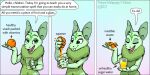 4_fingers anthro artist_logo bat claws comic dialogue drjavi english_text facial_markings fangs female fingers food forehead_markings fruit fur glass gradient_background green_body green_eyes green_fur head_markings hi_res holding_food holding_fruit holding_glass holding_object humor juice_(beverage) logo mammal markings navel neck_tuft nude orange_(fruit) orange_juice plant sharp_teeth simple_background solo speech_bubble squeezing teeth text tuft