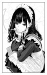  1boy absurdres apron between_fingers border cigarette cross cross_earrings crossdressing crossdressing_(mtf) ear_chain ear_piercing earrings endo_yurika_(turisasu) from_side greyscale hand_on_own_cheek hand_on_own_face highres holding holding_cigarette jewelry linked_piercing long_hair long_sleeves looking_at_viewer maid maid_apron maid_headdress male_focus male_maid monochrome original parted_lips piercing pleated_skirt sailor_collar school_uniform shirt skirt smoke smoke_trail smoking solo squatting translation_request trap turisasu 