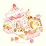  >_< animal banana banana_slice box cake chibi chibi_only commentary_request copyright_notice cutting daisy_(flower) eating flower food fork fruit hat heart heart-shaped_mouth holding holding_box holding_fork holding_knife icing kiwi_(fruit) kiwi_slice knife korean_commentary no_humans nut_(food) on_food original oversized_food oversized_knife oversized_object pastry_bag pastry_box pink_hat plant plate potted_plant puff_of_air sign simple_background spoken_heart squirrel strawberry strawberry_slice swiss_roll talbi watermark waving white_background 