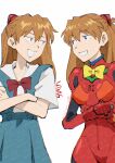  2girls :d artist_name blue_eyes blue_skirt bodysuit bow bowtie collared_shirt commentary cowboy_shot crossed_arms dress_shirt dual_persona evangelion:_30th_anniversary_special_performance eye_contact grin hair_between_eyes highres interface_headset_(evangelion) long_hair long_sleeves looking_at_another looking_to_the_side manzai mecha_pilot_suit multiple_girls narrowed_eyes neon_genesis_evangelion own_hands_together parted_lips plugsuit_(evangelion) red_bodysuit red_bow red_bowtie red_hair school_uniform shirako_(kirupi) shirt short_sleeves side-by-side signature simple_background skirt smile souryuu_asuka_langley standing suspender_skirt suspenders tokyo-3_middle_school_uniform too_many_watermarks twitter_username watermark white_background white_shirt 