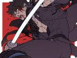  1boy armor battle bent_back black_hair black_jacket black_pants black_scarf blood blood_from_forehead blood_on_mouth commentary_request covered_abs cyp1a2 doudanuki_masakuni from_side frown highres holding holding_sword holding_weapon jacket japanese_armor katana knee_up looking_ahead male_focus midriff_sarashi muscular muscular_male nosebleed open_clothes open_jacket open_mouth pants pectoral_cleavage pectorals popped_collar red_background sarashi scarf serious short_hair simple_background solo sword teeth tongue touken_ranbu unsheathed veiny_face weapon yellow_eyes 