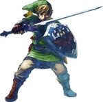  1boy absurdres arm_up armor belt blonde_hair blue_eyes boots brown_boots brown_gloves chainmail closed_mouth earrings fighting_stance fingerless_gloves full_body gloves green_hat green_tunic grey_pants hat highres holding holding_shield holding_sword holding_weapon hylian_shield jewelry knee_boots legs_apart link looking_at_viewer male_focus master_sword official_art outstretched_arm pants pointy_ears pouch serious sheath shield short_hair sidelocks simple_background solo standing straight-on sword takumi_wada the_legend_of_zelda the_legend_of_zelda:_skyward_sword third-party_source transparent_background triforce tunic v-shaped_eyebrows vambraces weapon 
