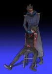  2boys alternate_universe animification antenna_hair black_boots black_necktie black_pants black_shoes black_vest blue_background blue_coat blue_eyes blue_hoodie boots brown_hair burn_scar buttons chair chinese_commentary coat collared_shirt commentary_request cosplay costume_switch double-breasted drawstring eddsworld evil_grin evil_smile full_body future_tom_(eddsworld) future_tom_(eddsworld)_(cosplay) glowing glowing_eyes gradient_background grin hair_ears hand_on_another's_neck hand_on_another's_shoulder head-mounted_display highres hollow_eyes hood hood_down hoodie kuangzihaixing long_coat long_sleeves looking_at_viewer male_focus military_coat military_uniform multiple_boys necktie pants personality_switch red_leader_(eddsworld) red_leader_(eddsworld)_(cosplay) red_shirt role_reversal scar shirt shoes short_hair shoulder_boards simple_background sitting smile spiked_hair spread_legs standing tom_(eddsworld) tord_(eddsworld) vest yaoi 