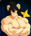  1boy animal_ears bara biceps black_hair blue_background blush broad_shoulders commentary english_commentary huge_pectorals kingdomvelvet light_frown lion_ears looking_to_the_side luxray male_focus muscular muscular_arms muscular_male nipples orange_eyes personification pokemon solo sweatdrop tail thick_eyebrows topless_male triceps upper_body watermark yellow_eyes 