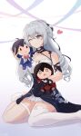  1girl absurdres bangs black_gloves breasts bronya_zaychik bronya_zaychik_(silverwing:_n-ex) cleavage closed_mouth doll dress drill_hair full_body gloves grey_eyes grey_hair hair_between_eyes hair_ornament heart highres holding holding_doll honkai_(series) honkai_impact_3rd looking_at_viewer one_eye_closed origami-hui seele_vollerei seele_vollerei_(stygian_nymph) seele_vollerei_(swallowtail_phantasm) single_glove single_sleeve single_thighhigh sitting smile solo thighhighs twin_drills wariza white_dress white_legwear white_sleeves 