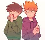  2boys alcohol alternate_universe antenna_hair bandage_on_cheek black_eyes bottle brown_hair brown_pants can cola commentary_request drawstring drink_can drinking earrings edd_(eddsworld) eddsworld eye_contact fewer_digits freckles frown green_hoodie hair_behind_ear hand_in_pocket highres holding holding_bottle holding_can hood hood_down hoodie jewelry jitome long_sleeves looking_at_another male_focus matt_(eddsworld) mau_(edd_tom) multiple_boys orange_hair pants personality_switch purple_hoodie simple_background spiked_hair toon_(style) vodka white_background 