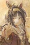  animal_ears black_hair brown_eyes brown_hairband checkered_hairband closed_mouth commentary_request ear_covers hair_ornament hairband hairclip highres hood hood_down horse_ears horse_girl jacket logotype_(umamusume) long_hair long_sleeves looking_at_viewer mismatched_ear_covers red_jacket shirt smile umamusume upper_body yoshiaki_(yosiaki_ml) 